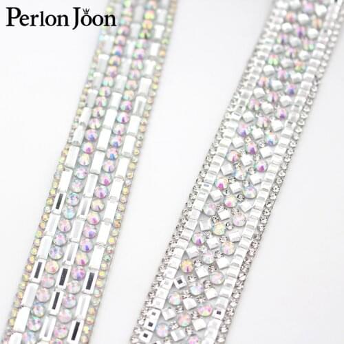 2cm width Glass AB color rhinestone trim strap hot fix color webbing Wedding dress bride DIY decoration accessories TR128