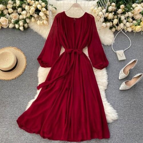 2021 new solid color mid-length dress retro womens elegant chiffon long-sleeved lantern sleeve round neck