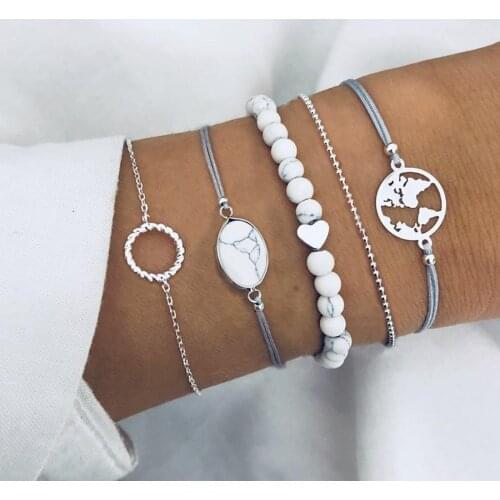DIEZI Bohemian White Beads Bracelets Sets For Women Fashion Rope Chain Ocean Map Round Bracelets Bangles Jewelry Gifts