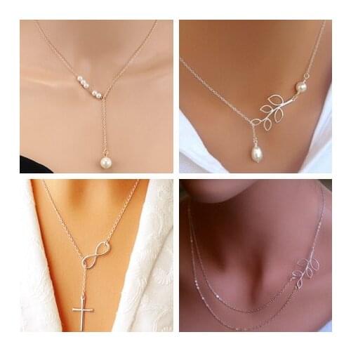 Simple Style Multi-Layer Leaves Infinity Moon Simulated Pearl Cross Chain Necklaces & Pendants for Women Valentines Day Gifts