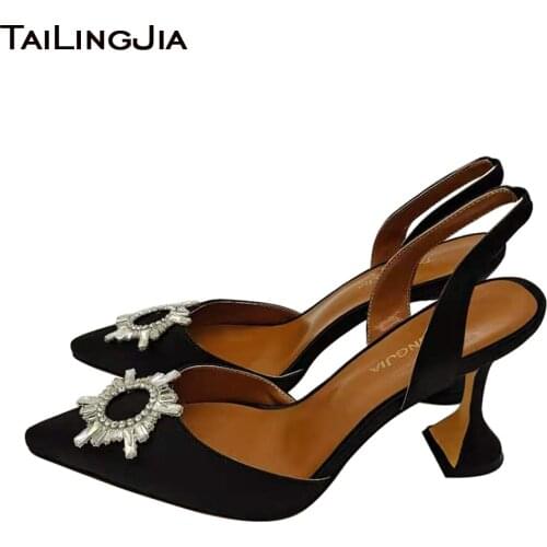 Black Satin Party Slingbacks Pumps Crystal Heels for Women 2020 Ladies Elegant Handmade Shoes Large Size Pointed Toe High Heels