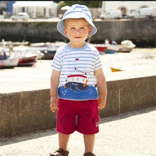 Jumping Meters Boat Applique Striped Shirt Tops Baby Summer Clothes Kids T-shirts For Boys Clothing Children Short Sleeve Tees