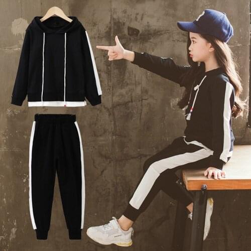 DFXD Teenager Girls Clothing Set Spring Casual Black Cotton Long Sleeve Hooded Pullover+Pant Kids Tracksuit Children Sport Suits