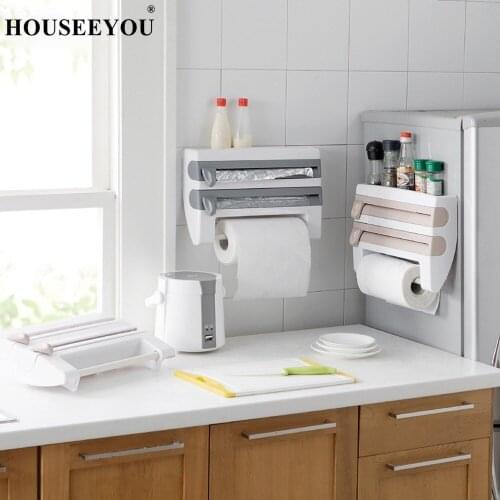 Multi Functional Commodity Shelf Storage Box Plastic Wrap Dispenser for Kitchen Cutter of Cling Film Wall Mounted 3 Layers Rack