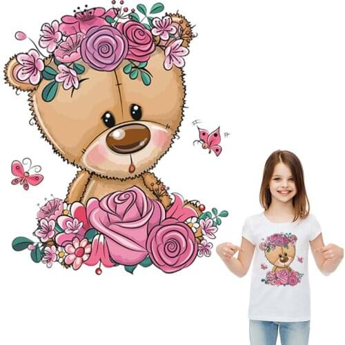 Cartoon Flower Bears Thermal Stickers New Fashion Diy Heat Transfer Washable T-Shirt Jeans Decoration Patch Iron On Clothes