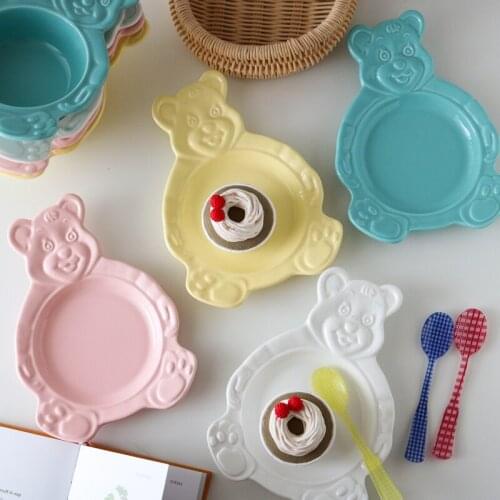Cartoon Bear Dessert Plate Bowls Cute Ceramic Dinner Dishes Korean Ins Flat Soup Bowl Breakfast Salad Tray