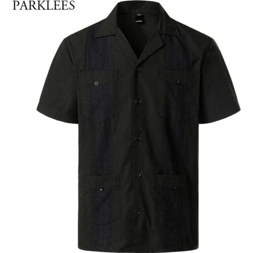 Cuban Camp Guayabera Mens Shirt Ethnic Embroidery Floral Shirts for Men Casual Lapel Button Beach Holiday Summer Men Clothing