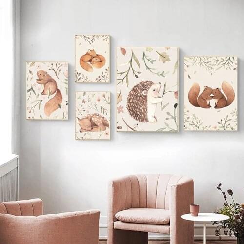 Hug Rabbit Squirrel Hedgehog Deer Canvas Painting Wall Art Nordic Posters and Prints Wall Pictures for Living Room Decoration