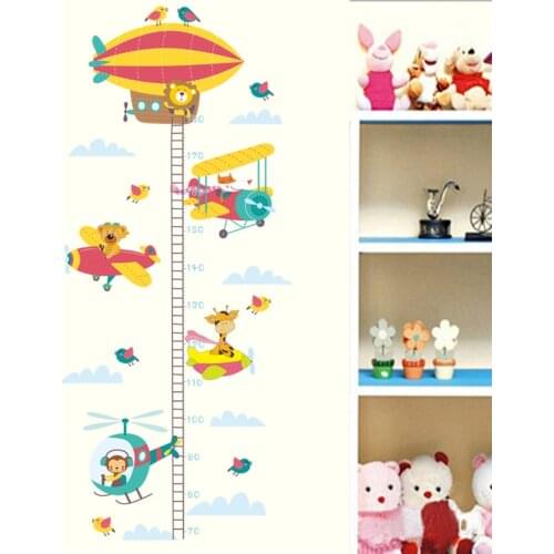 Cute Animals In Aircraft Height Measure Wall Stickers For Kindergarten Kids Room Home Decoration Growth Chart Safari Pvc Decals