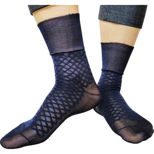 Nylon Mens Silk Socks Sheer Thin Formal Sexy Male Socks Jacquard Business Slip Dress Suit Socks See Through Transparent Sox