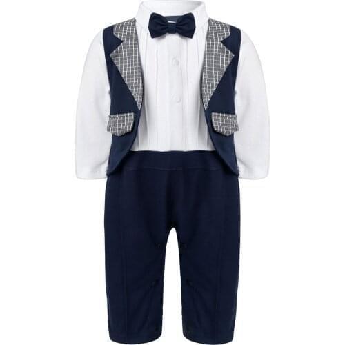 Oyolan Fashion Infant Boys Gentleman Romper Clothes One Piece Long Sleeve Cotton Patchwork Stripes Bow Tie Fake Suit Jumpsuit