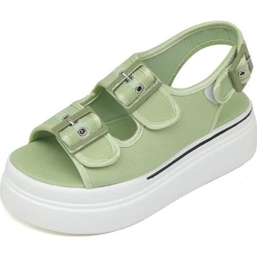 Canvas Sandals for Women Fashion Round Toe Buckle Green Platform Shoes Woman 2021 Summer New Casual Thick Bottom Slides Female