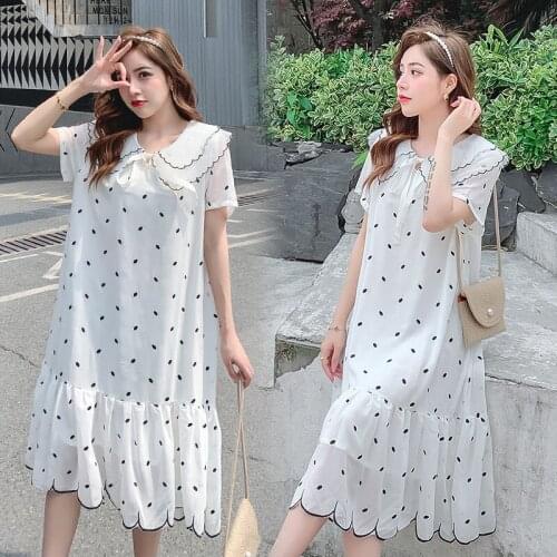 Summer Chic Ins Dot Print Chiffon Maternity Long Dress Sweet Lovely Loose Straight Clothes for Pregnant Women Pregnancy