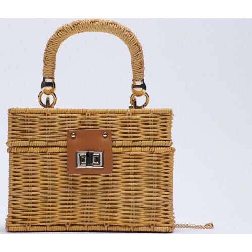 Vintage Customized Flip Woven Crossbody Bags Casual Portable for Women Basket Straw Rattan Bag Women Box Vintage Straw Handbag
