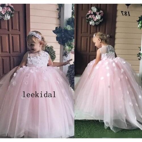 Sheer Neckline Hot Pink Lace Flower Girl Dresses Pink Girls First Communion Pageant Dress Little Kids Formal Party Ball Gowns