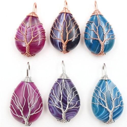 YJXP Water Drop Shape Pendants Natural Agates Stones Reiki Onyx Wire Winding Tree of Life Amulet Lucky Charms Necklaces' Jewelry