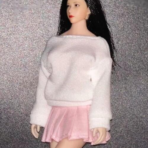 1/12 Female Clothes White Long-sleeved T-shirt + Pink Pleated Skirt Suit Clothing Accesories for 6" Action Figure Body