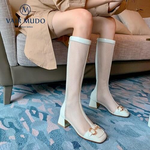 VAIR MUDO Spring Autumn Knee-High Boots Elegant Sexy Women Round Toe High Heels Black White Fashion Modern Boots Shoes WM-C11