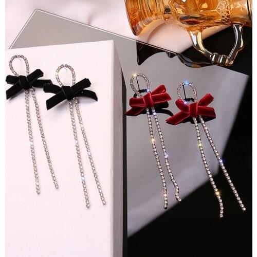 Korean Style Temperament Fashion Bow Drop Dangle Earrings for Women Dating Party Black Red Zircon Chain Earrings Jewelry