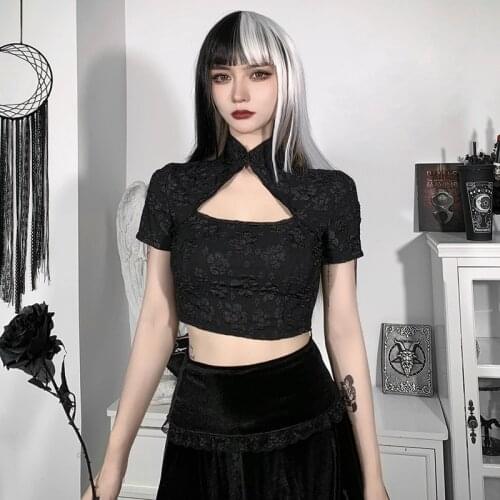 Gothic Floral Crop Top Summer Punk Short Sleeve Black Tops Women Vintage Chinese Style Hollow Out T Shirt