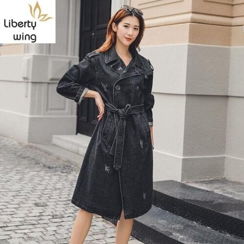 2020 New Fashion Women Long Black Denim Office Lady Belted Double Breasted Windbreaker Jeans Coat Loose Fit Trench