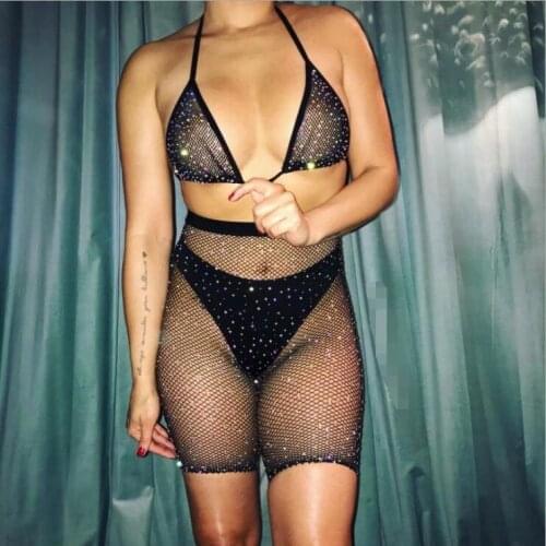 Womens Underwear Sexy Hot Drilling Fishnet Bra Set.Temptation Brassiere Fishnets Bra&Leggings Sets.Rhinestones Lingerie Outfit