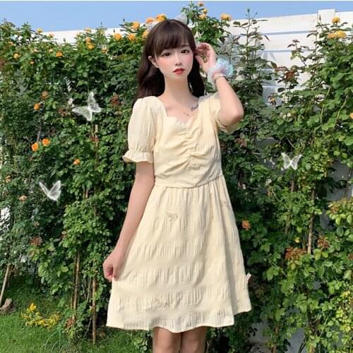 Hipster Sweet Yellow First Love Skirt Female Summer New V-neck Pleated Puff Sleeve Butterfly Embroided Dress sweet lolita dress