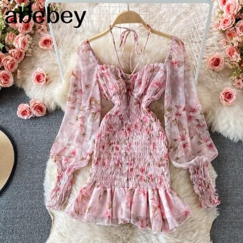 2021 New Summer Sweet square collar Lantern Sleeve Dress Ruffles patchwork high waist pleated print short fishtail Dress