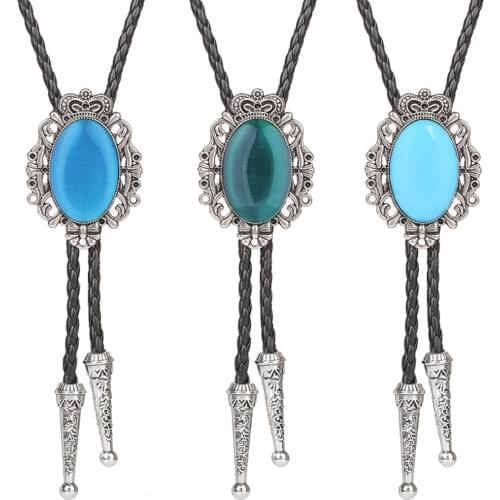 Bolo Tie Western Cowboy Opal Rodeo Leather Necktie