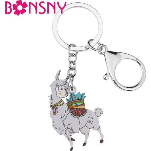 BONSNY Acrylic Cute Australia Alpaca Sheep Keychains Ring Fashion Purse Backpack Key Chain Novelty Gift Jewelry For Women Girls