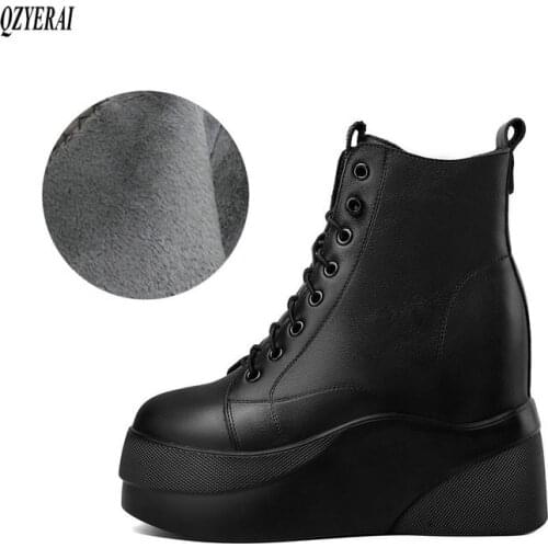 Winter shoes natural Genuine leather boots women ankle bottom thick wedge fashion warm Female boots cowhide snow boots Casual