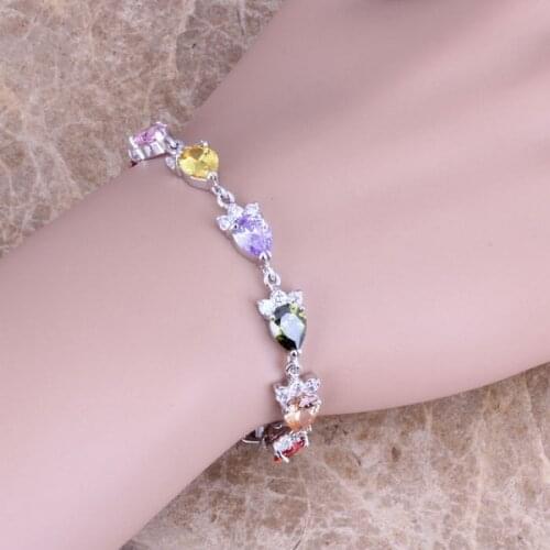 Multicolor Green Peridot Silver Plated Link Chain Bracelet 6 - 8 inch S0393