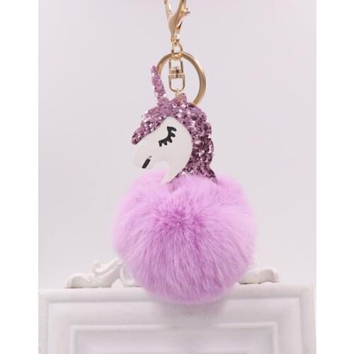 Pom Unicorn Keychain Rabbit Fur Ball Horse Key chain porte clef holder fluffy pompon Bag Car Key Ring For Women Accessories