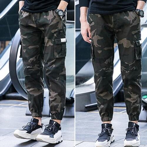 Camo Men Thin Multi-Pocket Ankle Tie Elastic Waist Straight Cargo Pants Trousers Straight Cargo Pants Trousers Straight Cargo Pa