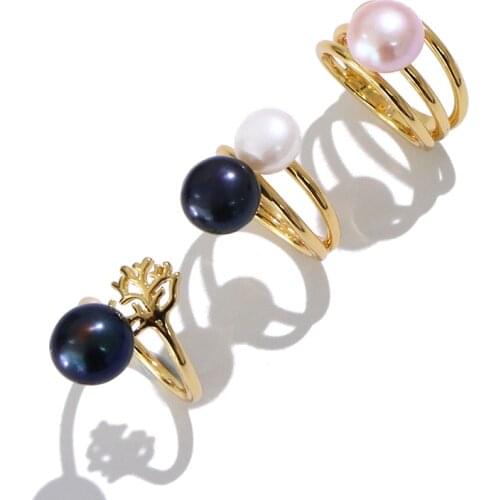 KOMI Hawaii Polynesian Micronesia Plumeria Leaf Rings for Women Men Natural Freshwater Pearl Copper Ring Not Easy to Fade