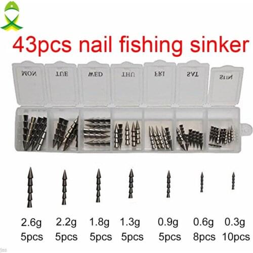 JSM 43pcs 100% Tungsten Nail Pagoda Fishing Sinker Small Thin Worm Weights Sinkers Insert Into Soft Plastic Lures Set With Box