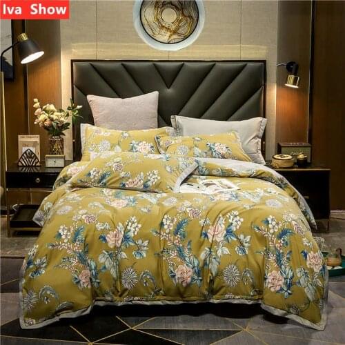 Iva Show Yellow Satin Bedding Set Reactive Printing Bed Set Envelope Pillowcase Queen King Size Bed Four-pieces