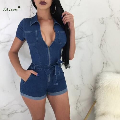 Summer Sexy Demin High Waist Short Jeans Jumpsuit Women Short Sleeve Sexy Overalls Rompers Bodycon Playsuit One Piece Belt Pants