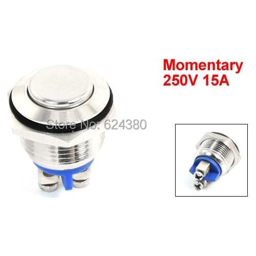 Stainless Steel Metal Round Momentary Push Button Switch Non-locking 16mm SPST OFF/(ON) NO N/O Normally Open 15A 250V