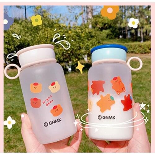 Cute Cherry Bear Frosted Glass Water Bottle With Tea Infuser Filter Creative Fashion Portable Student Mini Drinking Water Bottle