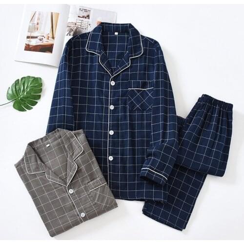 Men Pajamas 2021 New Loose Casual Sleepwear Spring Autumn Fashion V Neck Long Sleeve Tops Trousers Male Simple Plaid Homewear