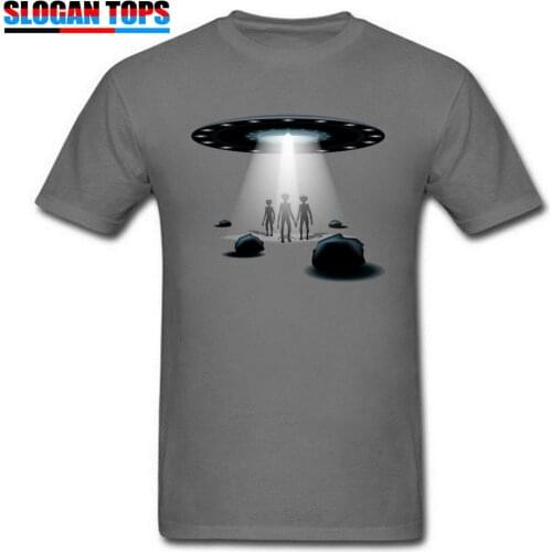 New Arrival Men T Shirt UFO Print Tshirt Short Sleeve T-Shirt Summer Fall O-Neck 100% Cotton Tops For Guys Grey Tees Alien Print