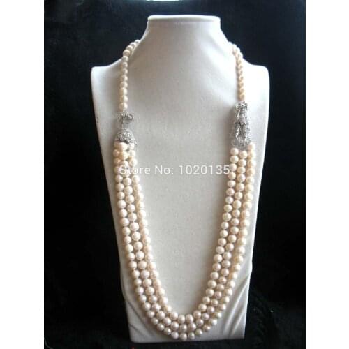 3rows Freshwater Pearl white near round 8-9mm necklace 71-74cm Wholesale for women xmas gift