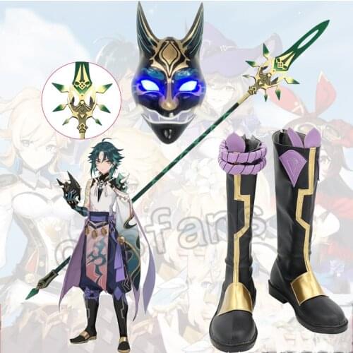Genshin Impact Xiao Wig Shoes Cosplay Dark Green Synthetic Short Straight Hair Xiao long sword arms Cosplay Xiao Spear weapon