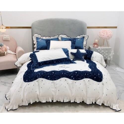 Blue stars embroidery bedlinen Bedding Set King Queen Size Bed Linen 600TC egyptian Cotton Duvet Cover Bed Sheet Set Pillowcases