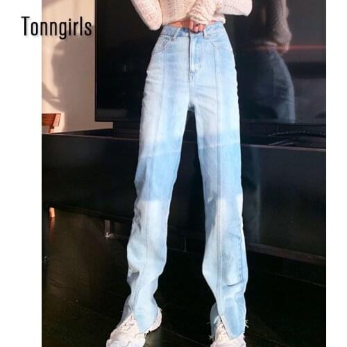 Tonngirls Streetwear Straight Mom Jeans Woman Front Split High Waist Jeans Denim 2021 Summer Korean Y2k Trousers Women Pants