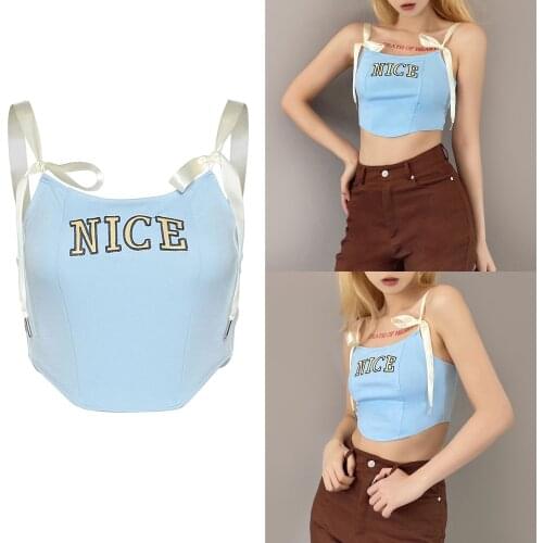Womens Summer elastic Tops Sleeveless Lace Up Shoulder Strap Lettering Printed Vest Irregular Hem Camisole