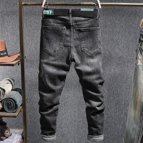 High Street Vintage Mens Hole Jeans Sashes Embroidery Slim Fit Pencil Pants New Autumn Fashion Trousers Male Casual Denim Pants