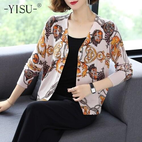 YISU Women Knitted Sweater Cardigan Tops Female Loose Soft Thin Knit Cardigan Long sleeve V neck Printed cardigan Coat Women
