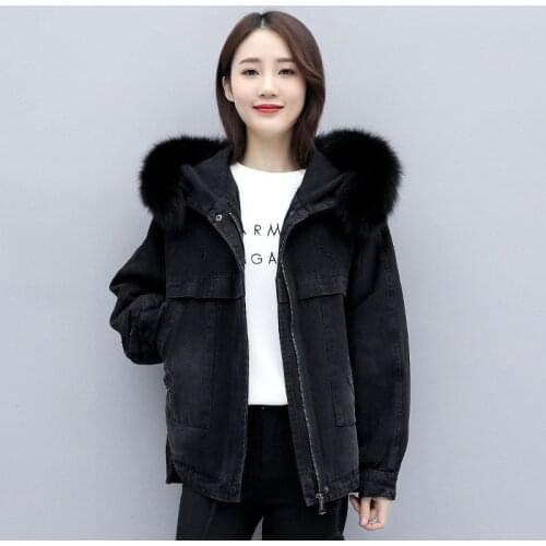 Women Denim Jacket Hooded Autumn Winter Thick Plush Fleece Fur Lining Short Black Vintage Long Sleeve Jeans Coat Jackets Y177